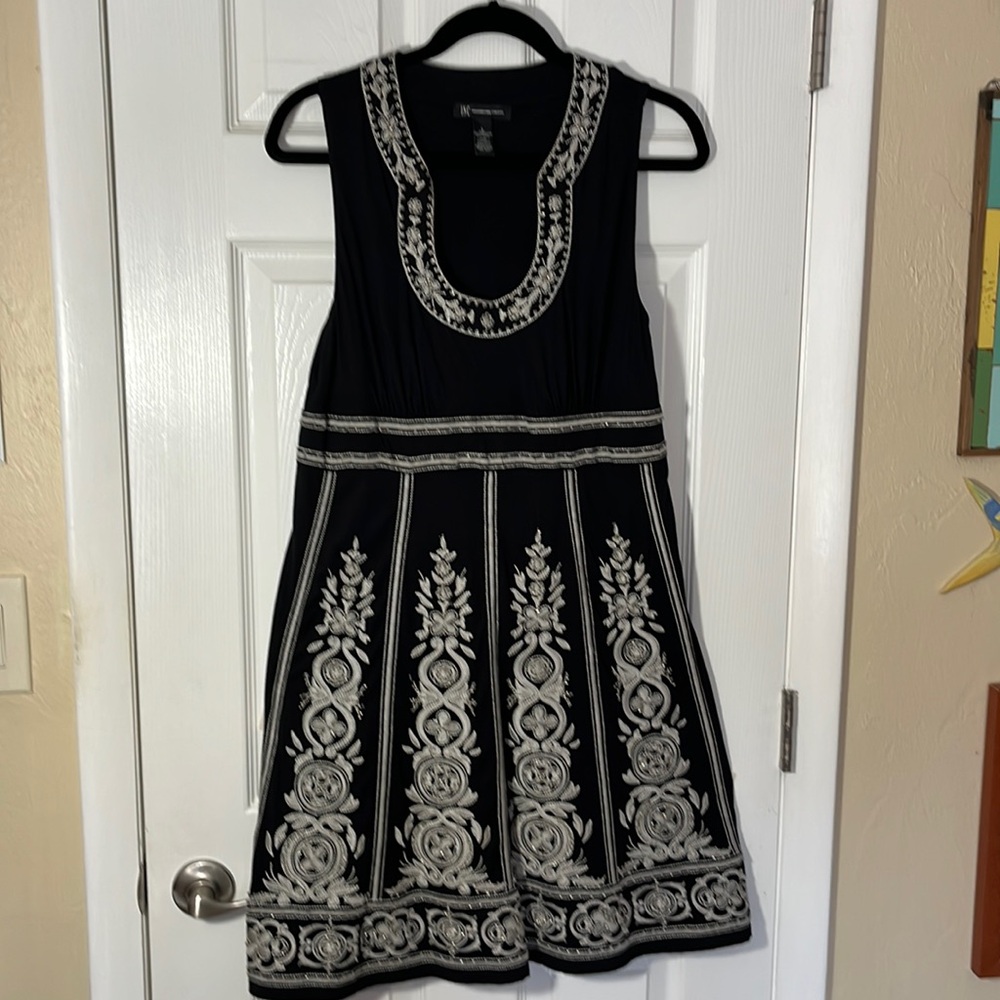 INC boho sleeveless black silver beaded paisley embroidered flair textured LG